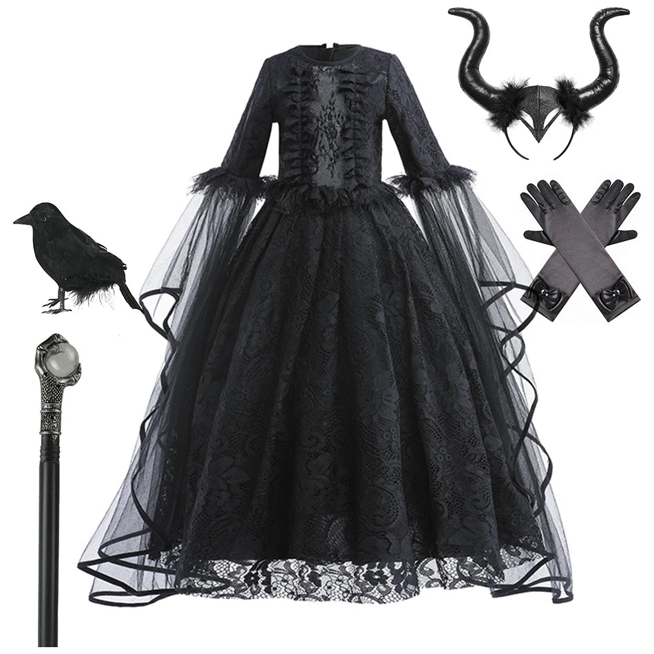 Halloween Dress For Girls Evil Witch Cosplay Costumes Children Lace Ruffles Floor Length Outfits Kids Carnival Festival Frocks