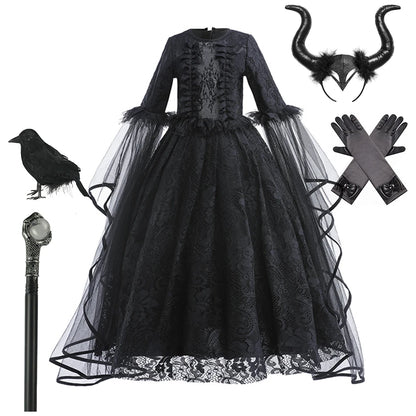 Halloween Dress For Girls Evil Witch Cosplay Costumes Children Lace Ruffles Floor Length Outfits Kids Carnival Festival Frocks