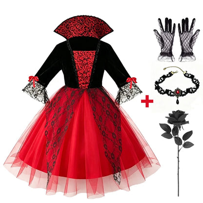 Halloween Girls Gothic Cosplay Dress Kids Dark Party Costume with Veil Gloves Necklace Stockings for Carnival Fancy Dress