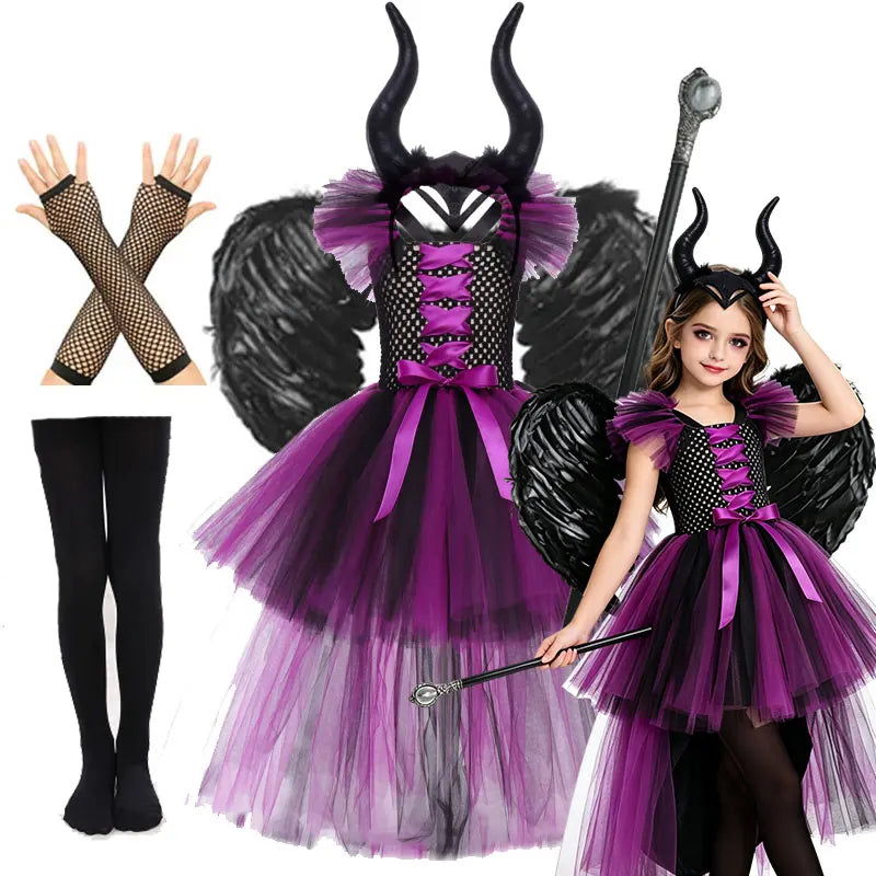 Halloween Girls Deluxe Purple Trailing Mesh Dress Kids Evil Queen Witch Cosplay Costume for Carnival Party Fancy Dress Up