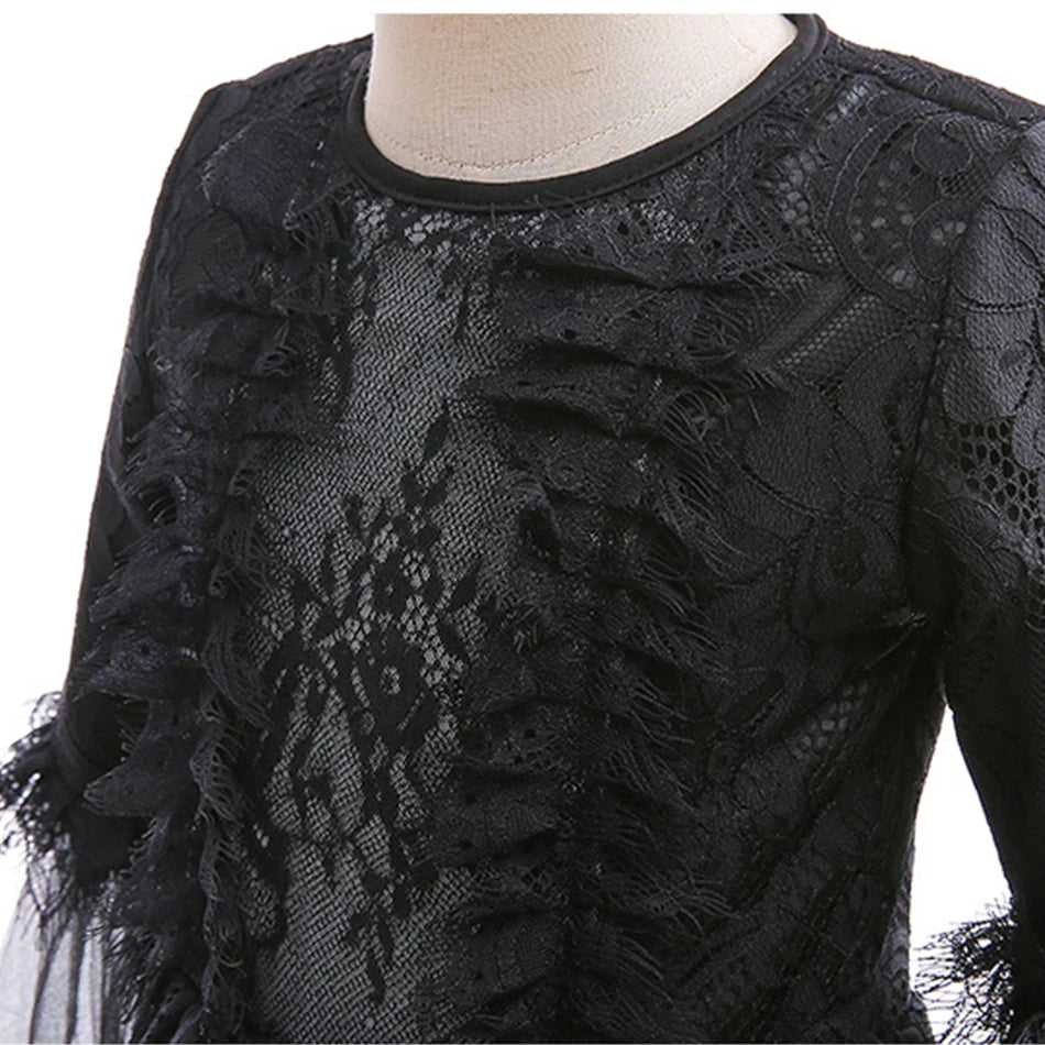 Halloween Dress For Girls Evil Witch Cosplay Costumes Children Lace Ruffles Floor Length Outfits Kids Carnival Festival Frocks