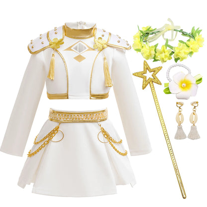 2026 New Halloween Carnival Theme Party Girls Cosplay Fashion Cute White Long Sleeves Dress + Accessories Set 3-10 Years Old