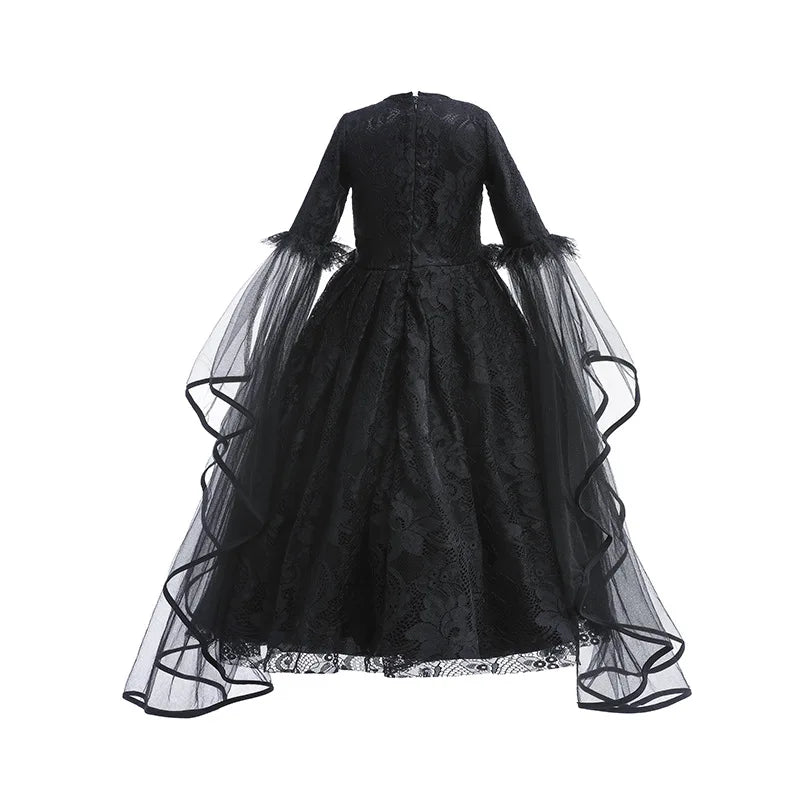Halloween Dress For Girls Evil Witch Cosplay Costumes Children Lace Ruffles Floor Length Outfits Kids Carnival Festival Frocks