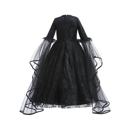 Halloween Dress For Girls Evil Witch Cosplay Costumes Children Lace Ruffles Floor Length Outfits Kids Carnival Festival Frocks