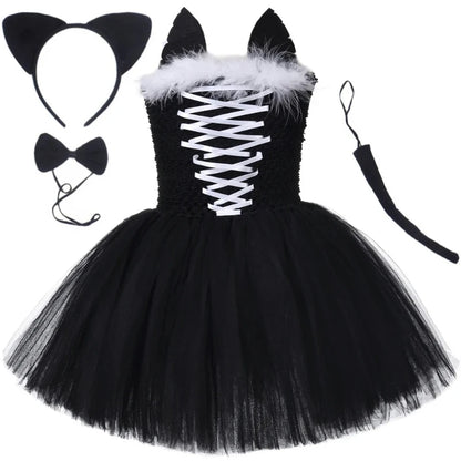 Little Girls' Black Cat Pattern Dresses, Toddler Performance Outfits, Kids' Birthday Party Clothes, Carnival & Halloween Dress