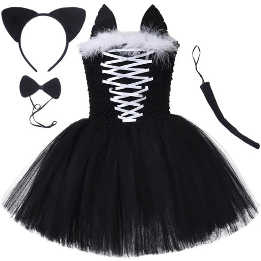 Little Girls' Black Cat Pattern Dresses, Toddler Performance Outfits, Kids' Birthday Party Clothes, Carnival & Halloween Dress