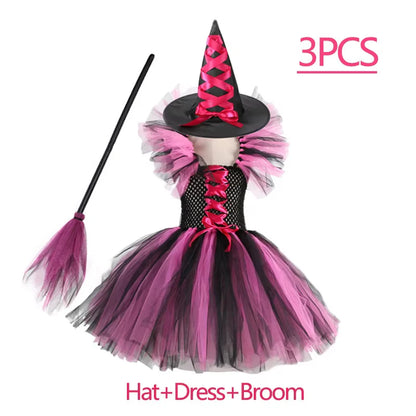 Kids Girls Witch Halloween Costume 3 Color Tulle Tutu Dress With Pointed Witch Hat Children Carnival Party Cosplay Fancy Outfit