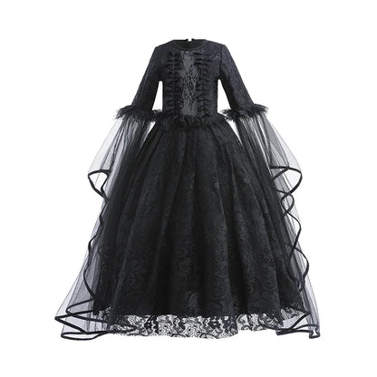 Halloween Dress For Girls Evil Witch Cosplay Costumes Children Lace Ruffles Floor Length Outfits Kids Carnival Festival Frocks