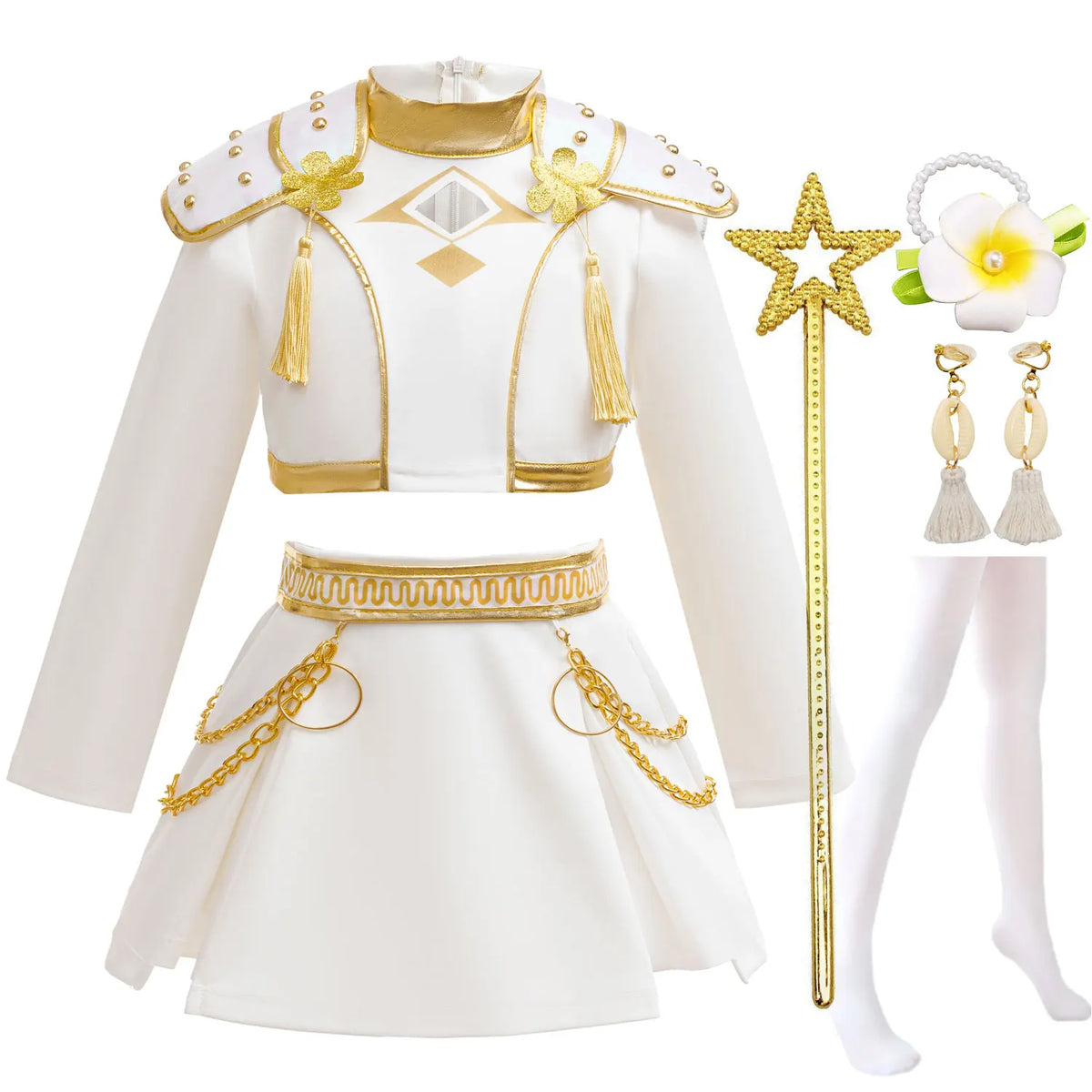 2026 New Halloween Carnival Theme Party Girls Cosplay Fashion Cute White Long Sleeves Dress + Accessories Set 3-10 Years Old
