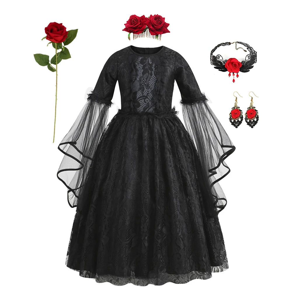 Girls Gothic Vampire Halloween Costume Black Lace Long Dress Rose Hair Jewelry Fan Set Kids Dark Queen Carnival Cosplay Outfit