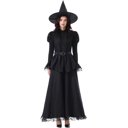 Halloween Witch Costume Women Gothic Lace Dress Sorceress Outfit Party Cosplay Stage Performance Magic Robe Carnival Clothing