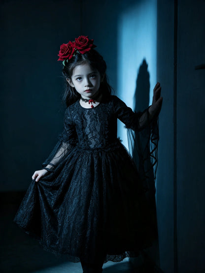 Girls Gothic Vampire Halloween Costume Black Lace Long Dress Rose Hair Jewelry Fan Set Kids Dark Queen Carnival Cosplay Outfit
