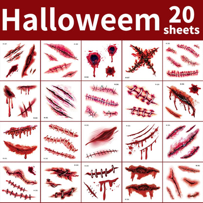 20 Sheets 3D Realistic Scar Tattoos - Waterproof Fake Bloody Wound Stickers for Halloween Cosplay Face & Body Makeup Adults