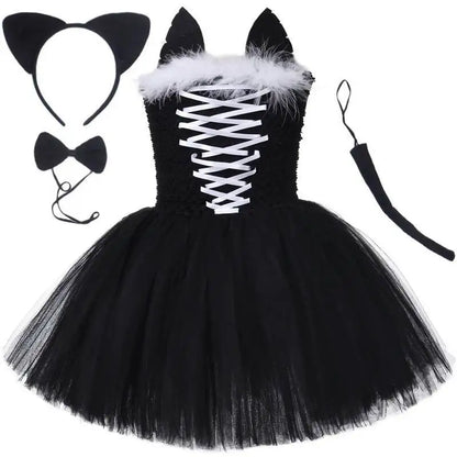 Little Girls' Black Cat Pattern Dresses, Toddler Performance Outfits, Kids' Birthday Party Clothes, Carnival & Halloween Dress