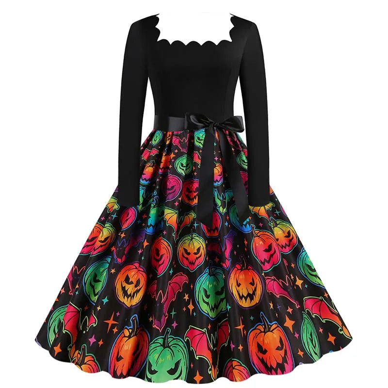 Halloween Dress For Women Square Collar Long Sleeve Print Vintage Evening Party Elegant Autumn Winter Midi Sundress