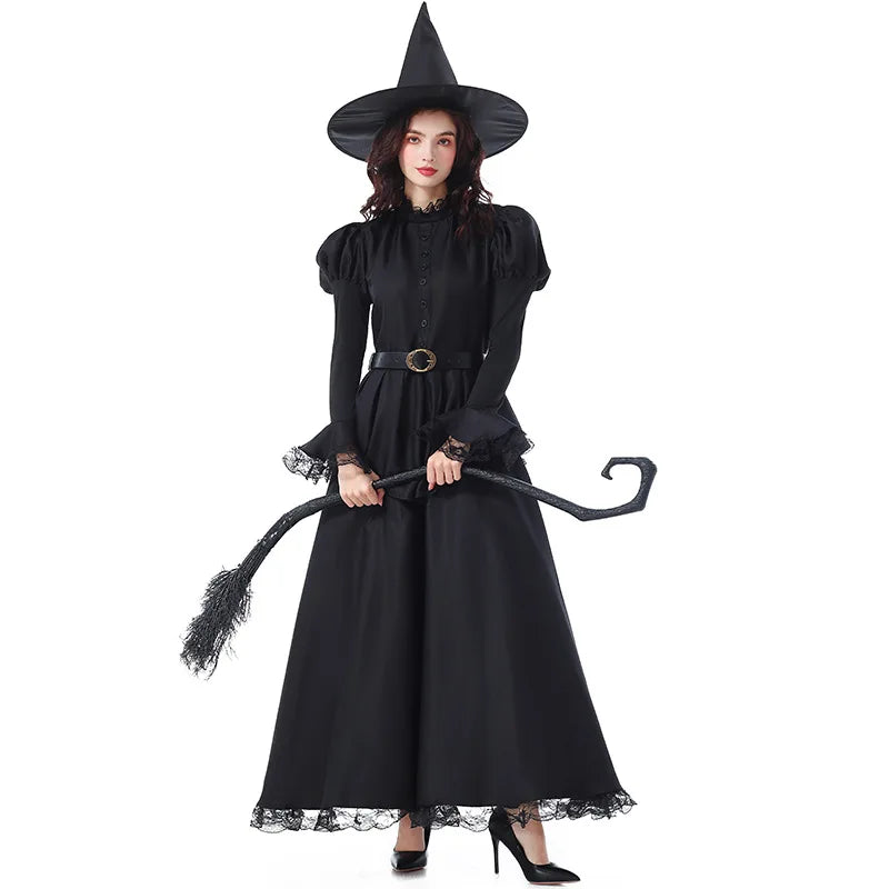 Halloween Witch Costume Women Gothic Lace Dress Sorceress Outfit Party Cosplay Stage Performance Magic Robe Carnival Clothing