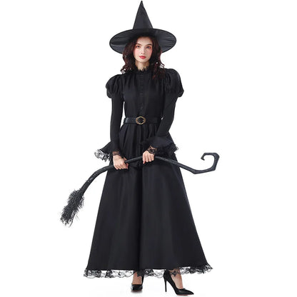 Halloween Witch Costume Women Gothic Lace Dress Sorceress Outfit Party Cosplay Stage Performance Magic Robe Carnival Clothing