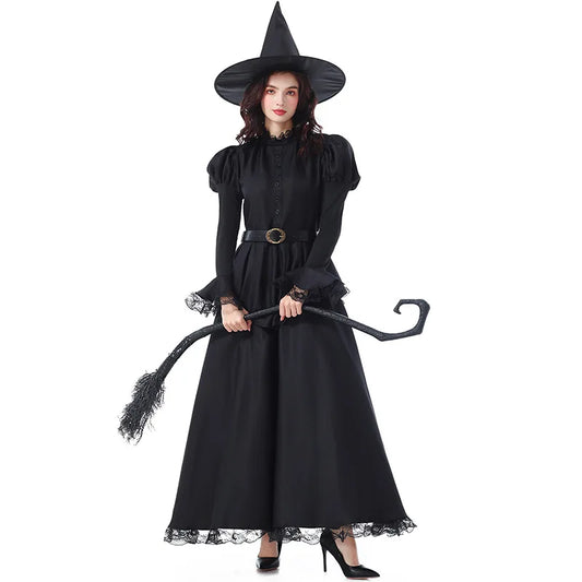 Halloween Witch Costume Women Gothic Lace Dress Sorceress Outfit Party Cosplay Stage Performance Magic Robe Carnival Clothing