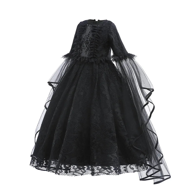 Halloween Dress For Girls Evil Witch Cosplay Costumes Children Lace Ruffles Floor Length Outfits Kids Carnival Festival Frocks