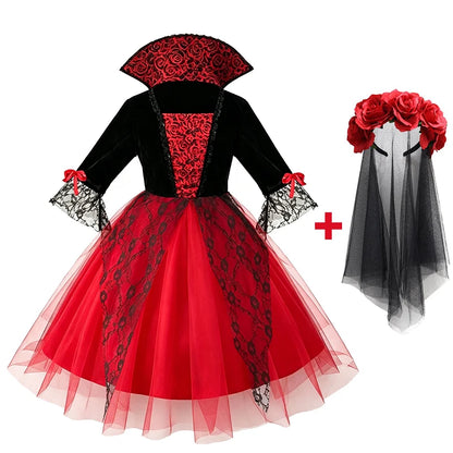 Halloween Girls Gothic Cosplay Dress Kids Dark Party Costume with Veil Gloves Necklace Stockings for Carnival Fancy Dress