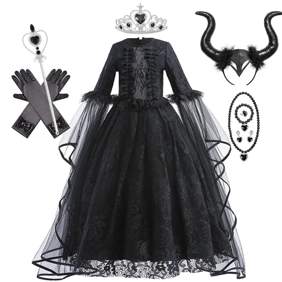 Halloween Dress For Girls Evil Witch Cosplay Costumes Children Lace Ruffles Floor Length Outfits Kids Carnival Festival Frocks