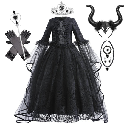 Halloween Dress For Girls Evil Witch Cosplay Costumes Children Lace Ruffles Floor Length Outfits Kids Carnival Festival Frocks
