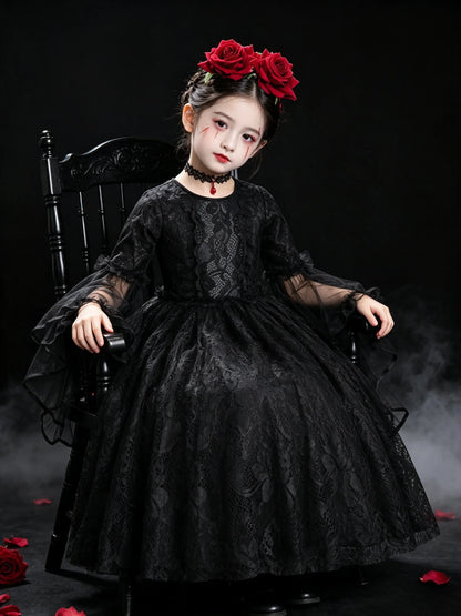 Girls Gothic Vampire Halloween Costume Black Lace Long Dress Rose Hair Jewelry Fan Set Kids Dark Queen Carnival Cosplay Outfit