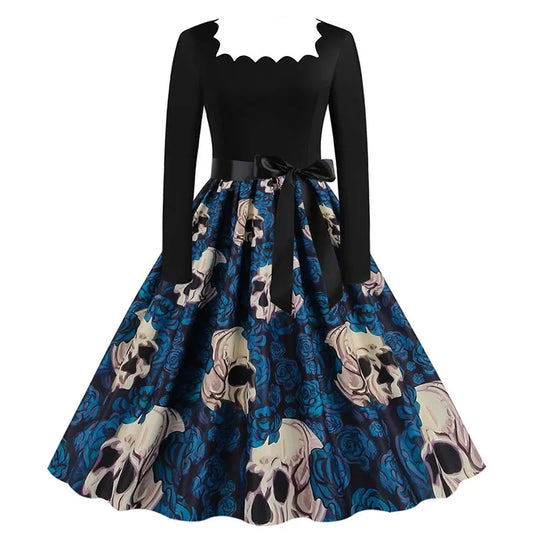 Halloween Dress For Women Square Collar Long Sleeve Print Vintage Evening Party Elegant Autumn Winter Midi Sundress