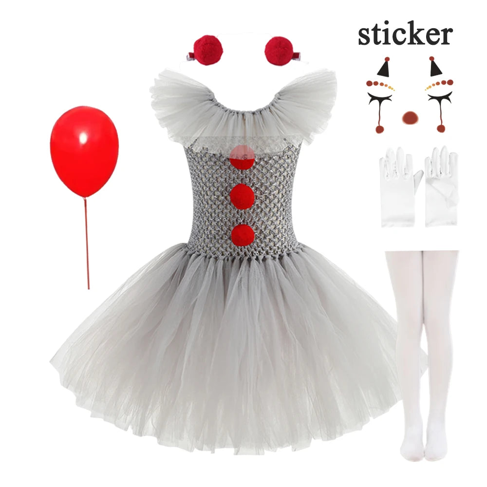 Halloween Costume Girls Gray Tutu Scary Vestidos Joker Dress Kids Cosplay Clown Costume Carnival Party Dress Up