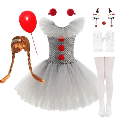 Halloween Costume Girls Gray Tutu Scary Vestidos Joker Dress Kids Cosplay Clown Costume Carnival Party Dress Up