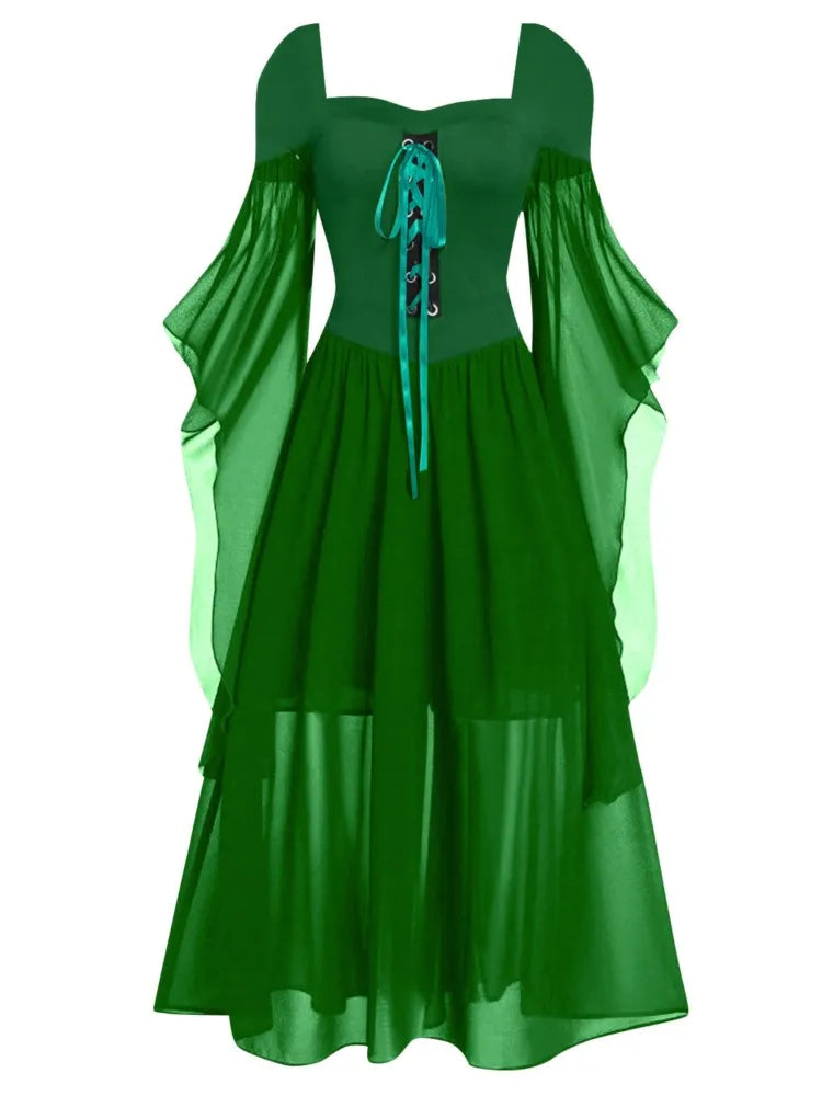 Halloween Witch Cosplay Costumes Gothic Off Shoulder Lace-up Maxi Dresses Bandage Mesh Sheer Black Long Party Dress For Women