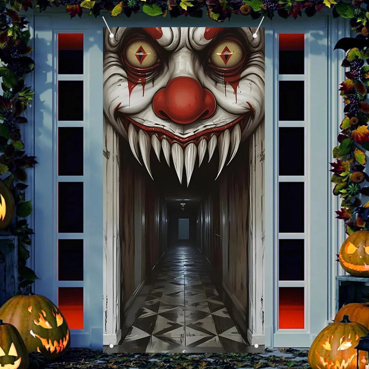 Halloween Decorations Door Cover,Spooky Witch and Zombie Theme Wall Decor,Indoor Outdoor Haunted House Themed Decoration 2D Scen