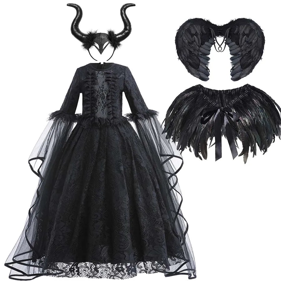 Halloween Dress For Girls Evil Witch Cosplay Costumes Children Lace Ruffles Floor Length Outfits Kids Carnival Festival Frocks