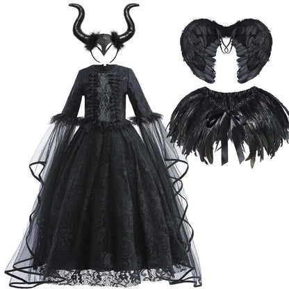 Halloween Dress For Girls Evil Witch Cosplay Costumes Children Lace Ruffles Floor Length Outfits Kids Carnival Festival Frocks