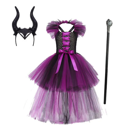 Halloween Girls Deluxe Purple Trailing Mesh Dress Kids Evil Queen Witch Cosplay Costume for Carnival Party Fancy Dress Up