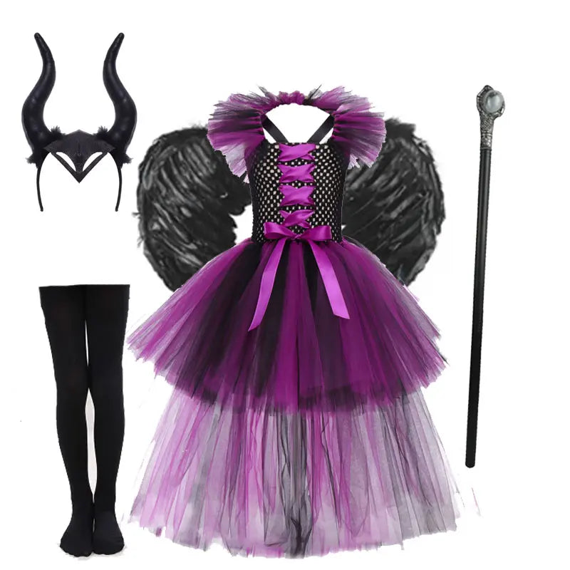 Halloween Girls Deluxe Purple Trailing Mesh Dress Kids Evil Queen Witch Cosplay Costume for Carnival Party Fancy Dress Up