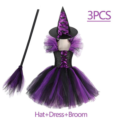Kids Girls Witch Halloween Costume 3 Color Tulle Tutu Dress With Pointed Witch Hat Children Carnival Party Cosplay Fancy Outfit